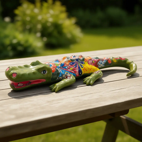 Large Talavera Alligator | Mexican Handmade Ceramic Reptile Art on table