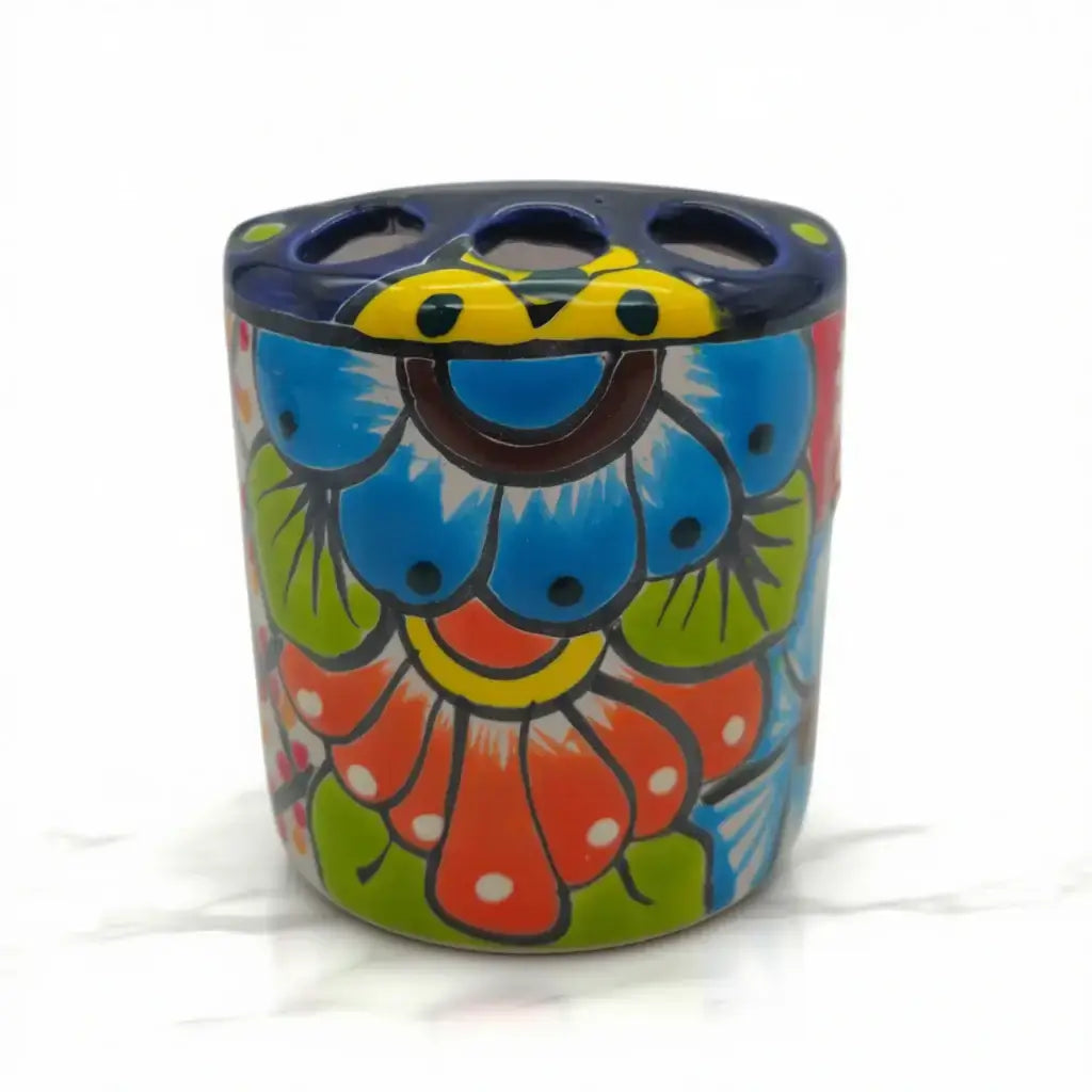 Colorful Talavera Toothbrush Holder | Mexican Ceramic Art: hand-painted floral ceramic toothbrush holder in bright red blue green yellow