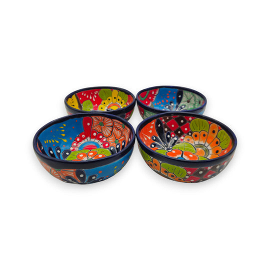 5" Colorful Talavera Bowl | Handcrafted Mexican Folk Dish - set of four hand-painted floral Talavera bowls with cobalt rims, lead-free glaze, Guanajuato