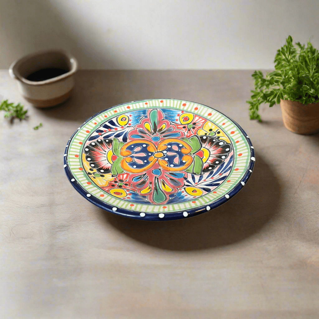 6" Talavera Ceramic Dinner Plate | Authentic Mexican Dinnerware hand-painted colorful floral design on table, kiln-fired lead-free glaze