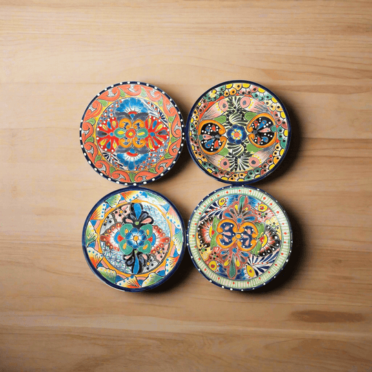 6" Talavera Ceramic Dinner Plate | Authentic Mexican Dinnerware - set of four hand-painted 6-inch Talavera plates on wooden table