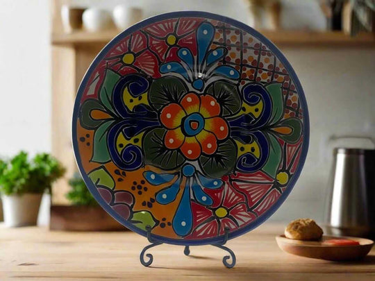 8" Talavera Dinner Plate | Hand-Painted Mexican Folk Art Dish - hand-painted bright floral orange green cobalt blue plate on stand, Guanajuato kiln-fired