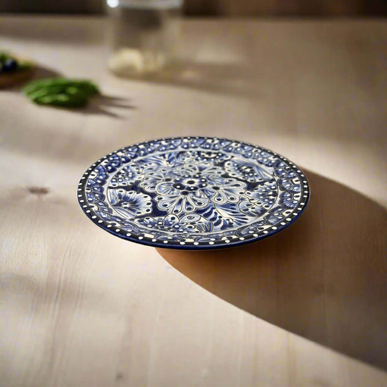8" Talavera Blue & White Dinner Plate | Mexican Dinnerware hand-painted 8-inch ceramic plate from Guanajuato with blue floral Talavera design