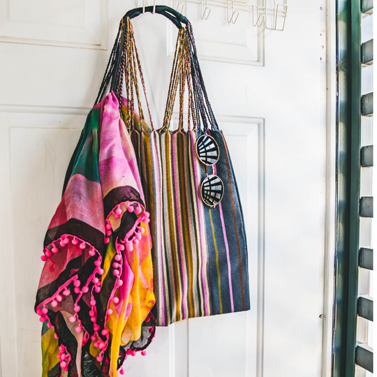 Poppy Woven Striped Tote | Hammock Bag - Mexico