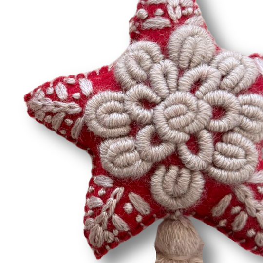 Red Star Embroidered Felted Wool Handmade Ornament - Mexico