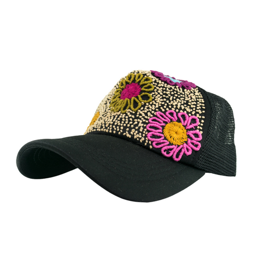Tulum Hand Embroidered Trucker Flower Hat - Mexico