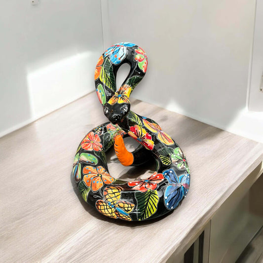 Black Talavera Snake Statue | Hand-Painted Mexican Decor