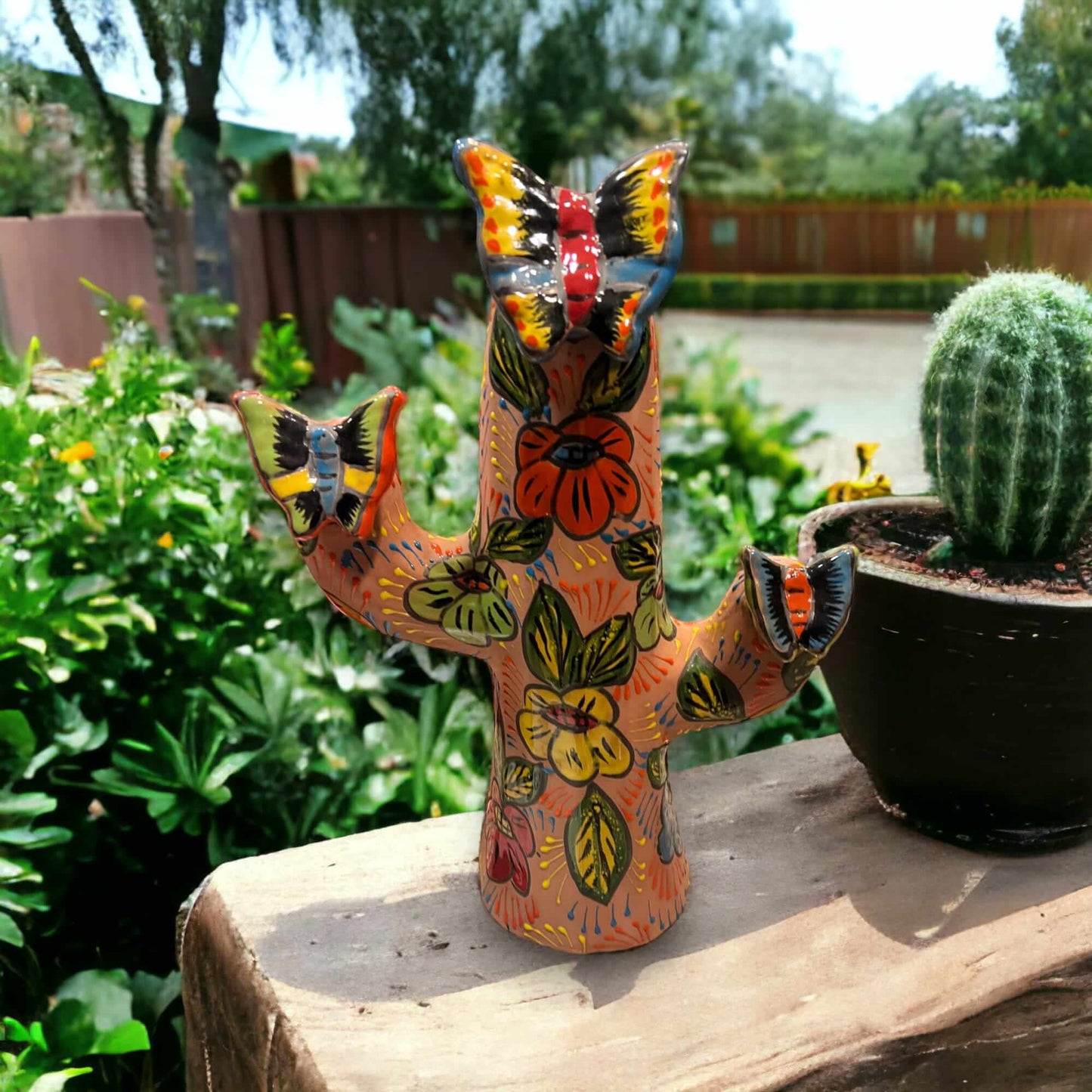 Colorful Talavera Cactus Statue | Large Mexican Art