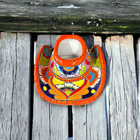 Colorful Mexican Talavera Sombrero Planter | Small Hand-Painted Cowboy Hat Décor - bright hand-painted Talavera ceramic sombrero planter on weathered wood