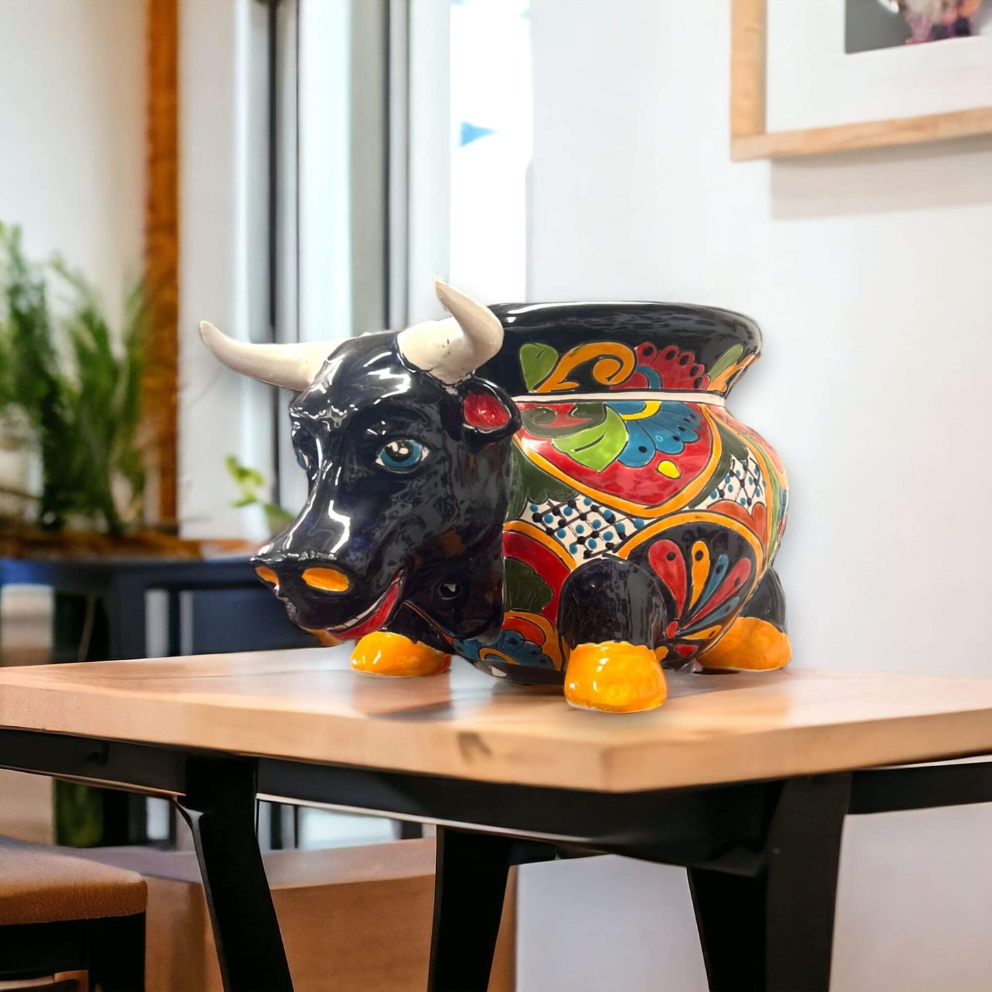 Colorful Talavera Bull Planter - 12" Mexican Pottery