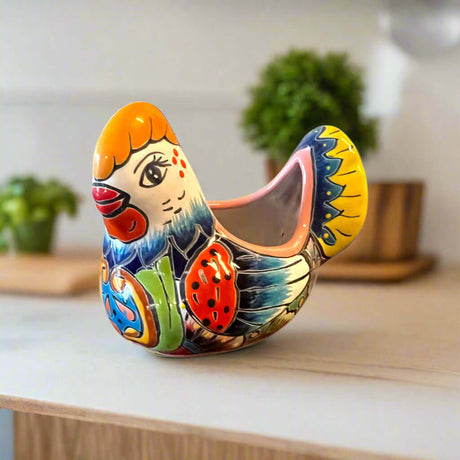 Colorful Talavera Chicken Planter | Hand-Painted Ceramic Decor - hand-painted Talavera chicken planter from Guanajuato, unique kiln-fired ceramic