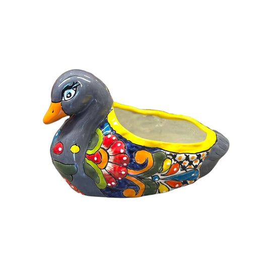 Colorful Talavera Duck Planter | Hand-Painted Mexican Succulent Pottery Art - hand-painted Talavera duck succulent planter, kiln-fired, lead-free glaze, Guanajuato