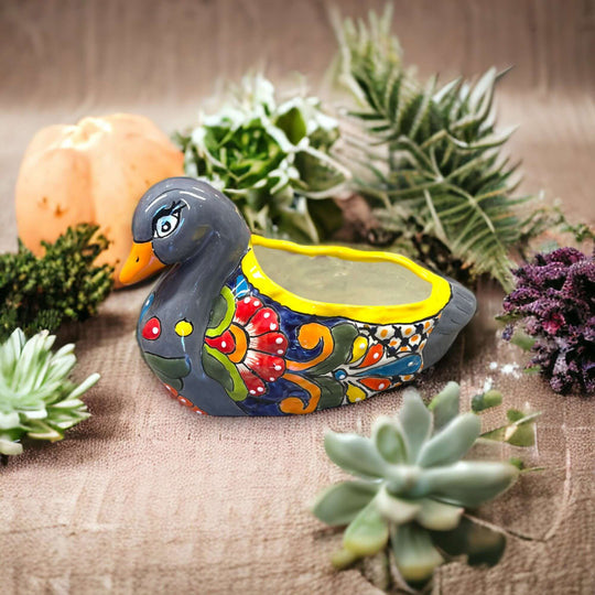 Colorful Talavera Duck Planter | Hand-Painted Mexican Succulent Pottery Art - hand-painted Talavera duck succulent planter, kiln-fired, lead-free glaze, Guanajuato