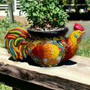 Colorful Talavera Rooster Planter | Handcrafted Mexican Pottery (HUGE) hand-painted glazed rooster planter with greenery