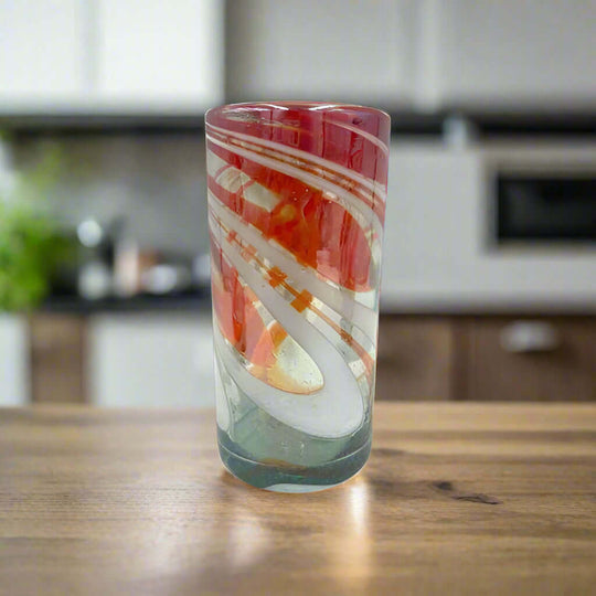 Festive Hand Blown Colorful Tumbler Glass | Red & White Candy Cane Design - hand-blown lead-free holiday glass tumbler from Guanajuato artisans