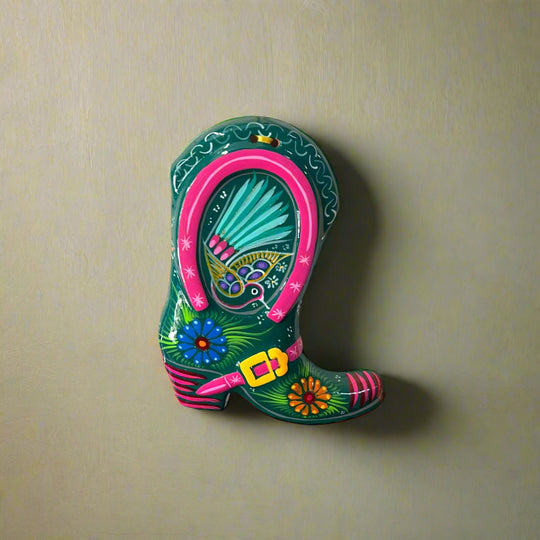 Guerrero Cowboy Boot Wall Art | Mexican Hand-Painted Pottery Decor - hand-painted pink green floral boot with bird motif