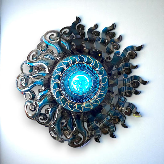 Giant Sun Wall Art with Light Fixture | Handmade Mexican Metalwork
