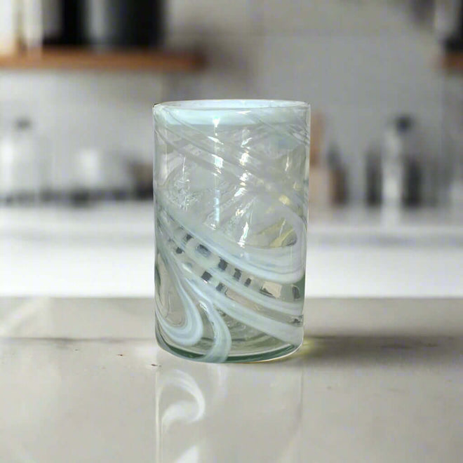 White Swirl Hand-Blown Mexican Glass | Artisan Drinkware - lead-free hand-blown clear glass tumbler with soft white swirl pattern, artisan-made in Guanajuato