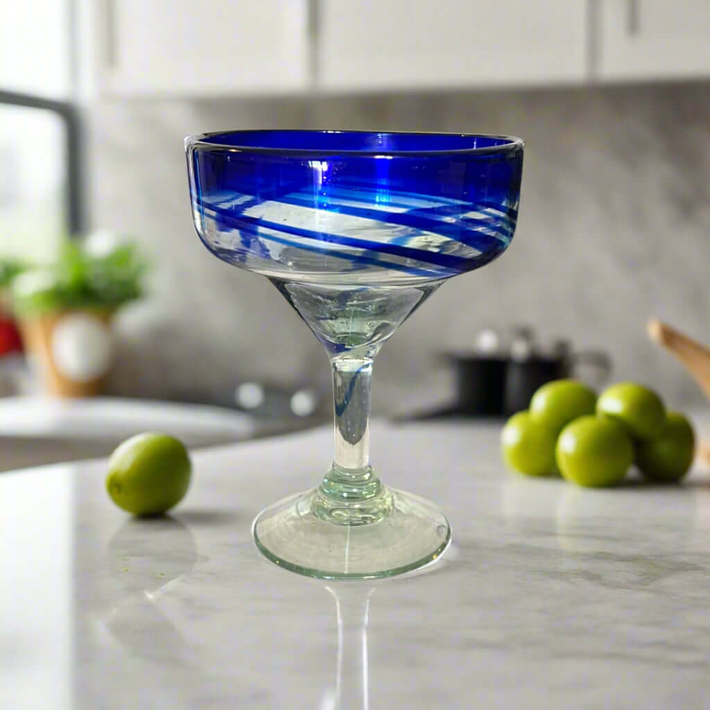 Hand-Blown Mexican Margarita Glass | Blue Swirl