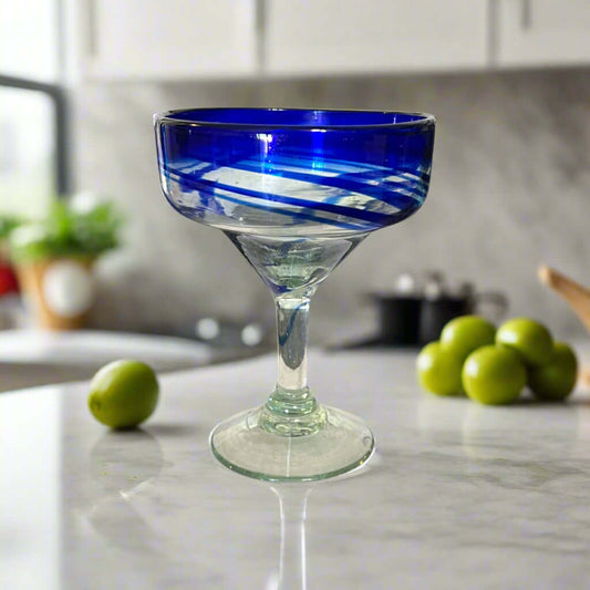 Hand-Blown Mexican Margarita Glass | Blue Swirl