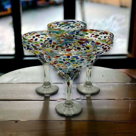 Hand Blown Mexican Margarita Glass | Colorful Pebbled Confetti Design - set of 4 hand-blown, lead-free glass margarita glasses with vibrant pebbled confetti pattern