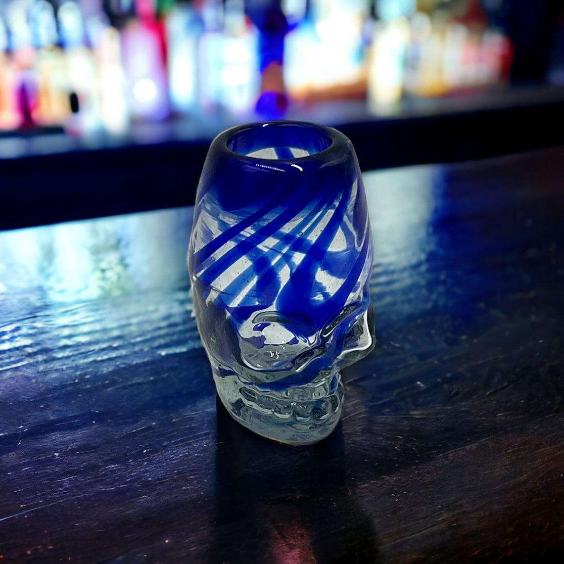 Hand-Blown Mexican Shot Glasses | Blue Swirl Skull Design