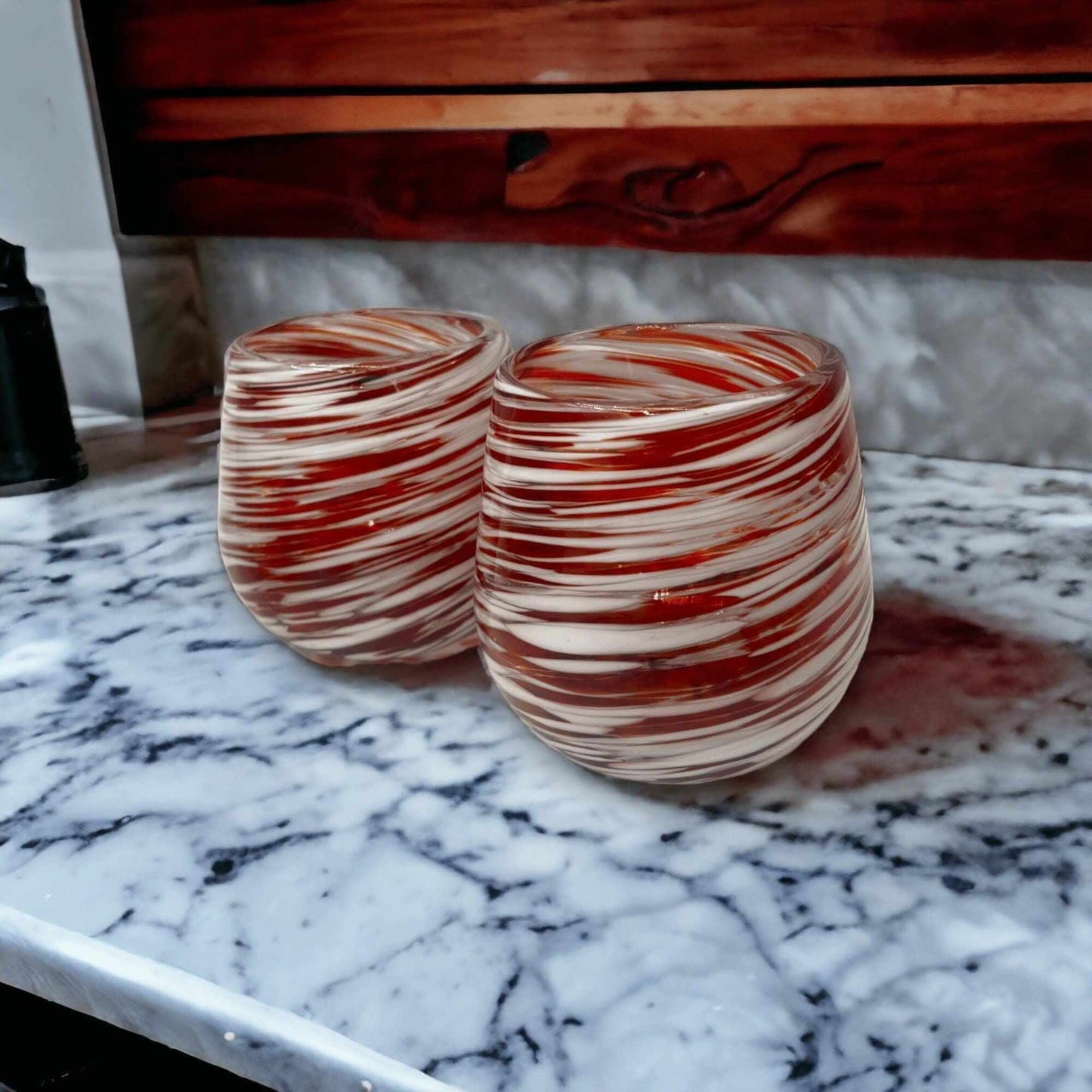 Hand-Blown Stemless Wine Glass - Red & White Swirl