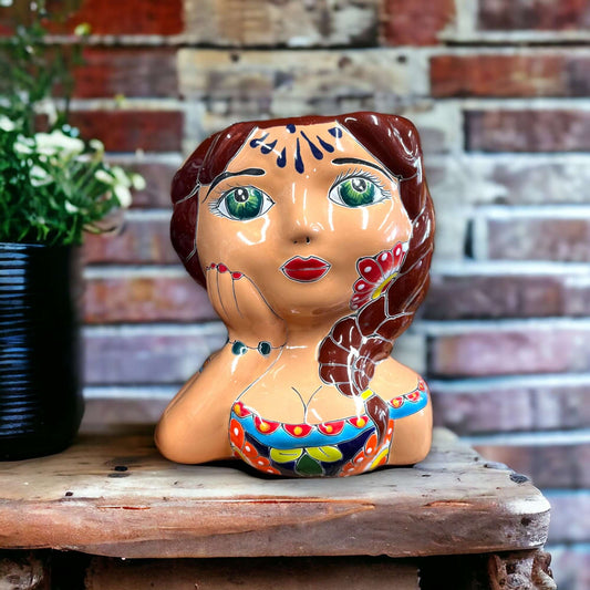 Hand-Painted Talavera Lady Planter | Mexican Art Décor