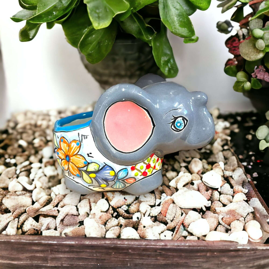 Hand-Painted Talavera Elephant Flower Pot | Colorful Small Talavera Planter - hand-painted Mexican elephant ceramic planter with floral design