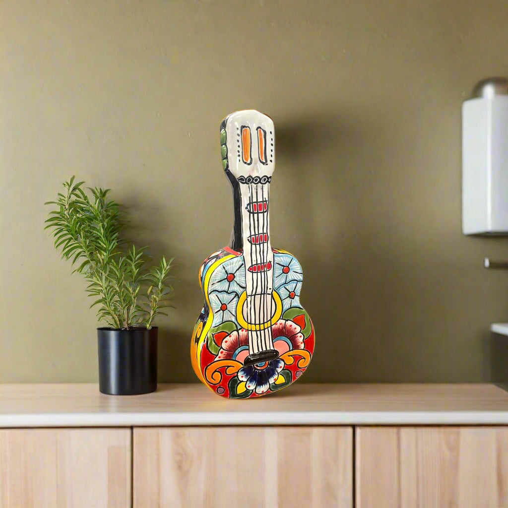 Hand-Painted Talavera Guitar Sculpture