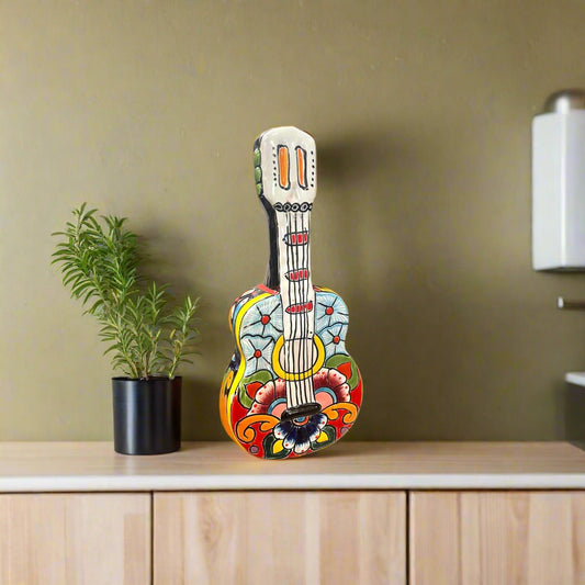 Hand-Painted Talavera Guitar Sculpture