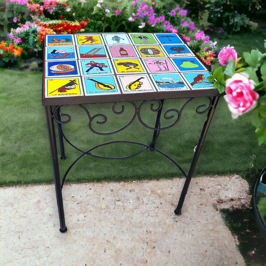 Handmade Mexican Accent End Table | Talavera Lotería Tiles hand-painted tiled top on wrought iron legs, vibrant Mexican lotería design