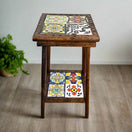 Square Talavera Tile End Table | Handmade Mexican Wood Accent Table with hand-painted kiln-fired Talavera tiles on top and lower shelf, compact square design