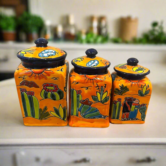 Talavera Canister Set | Colorful Handmade Panchito Pottery - three hand-painted Mexican ceramic kitchen canisters with cactus and Panchito desert design