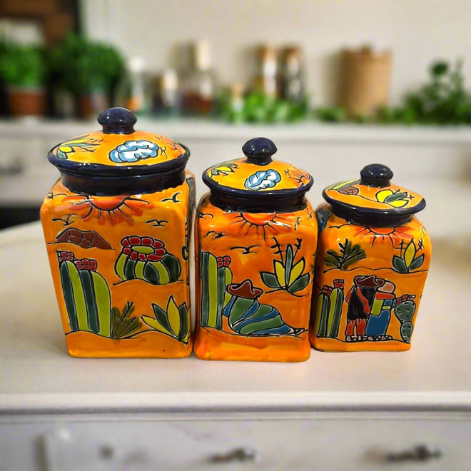 Talavera Canister Set | Colorful Handmade Panchito Pottery - three hand-painted Mexican ceramic kitchen canisters with cactus and Panchito desert design