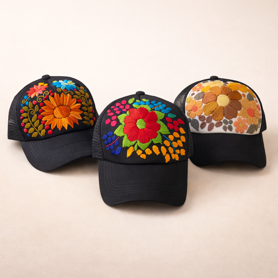 Tulum Hand Embroidered Trucker Flower Hat - Mexico