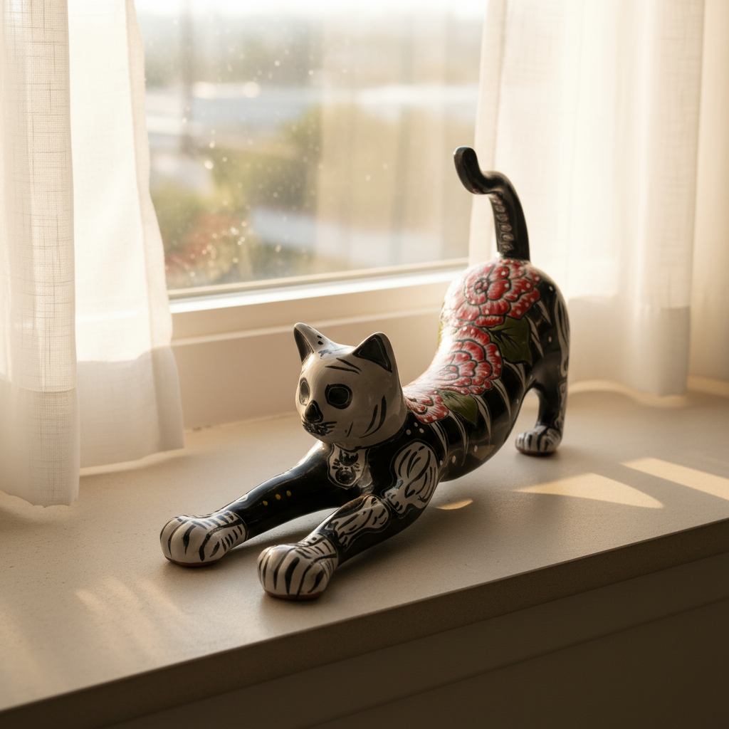 Talavera Stretching Cat Figurine | Hand-Painted Calavera Art