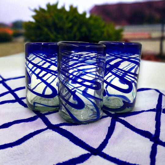 Hand-Blown Mexican Drinking Glass | Blue Swirl Design - set of three hand-blown lead-free glasses with vibrant blue swirl pattern
