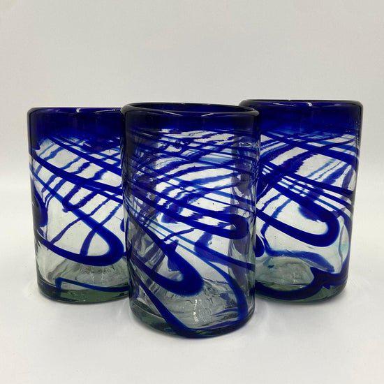 Large Hand-Blown Mexican Drinking Glasses | Blue Swirl Design (20 oz)