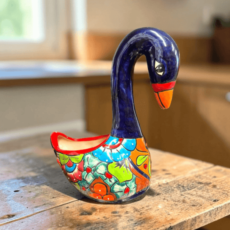 Large Talavera Swan Planter | Colorful Hand-Painted Mexican Pottery - hand-painted colorful swan planter from Guanajuato, vibrant floral design, lead-free glaze
