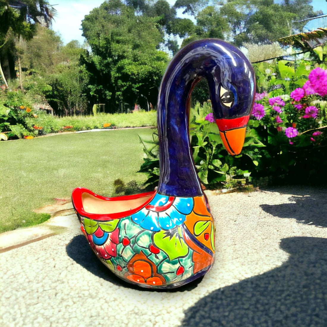 Large Talavera Swan Planter | Colorful Hand-Painted Mexican Pottery - hand-painted colorful swan planter from Guanajuato, vibrant floral design, lead-free glaze