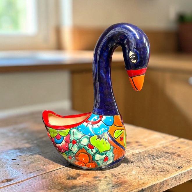 Large Talavera Swan Planter | Colorful Hand-Painted Mexican Pottery - hand-painted colorful swan planter from Guanajuato, vibrant floral design, lead-free glaze
