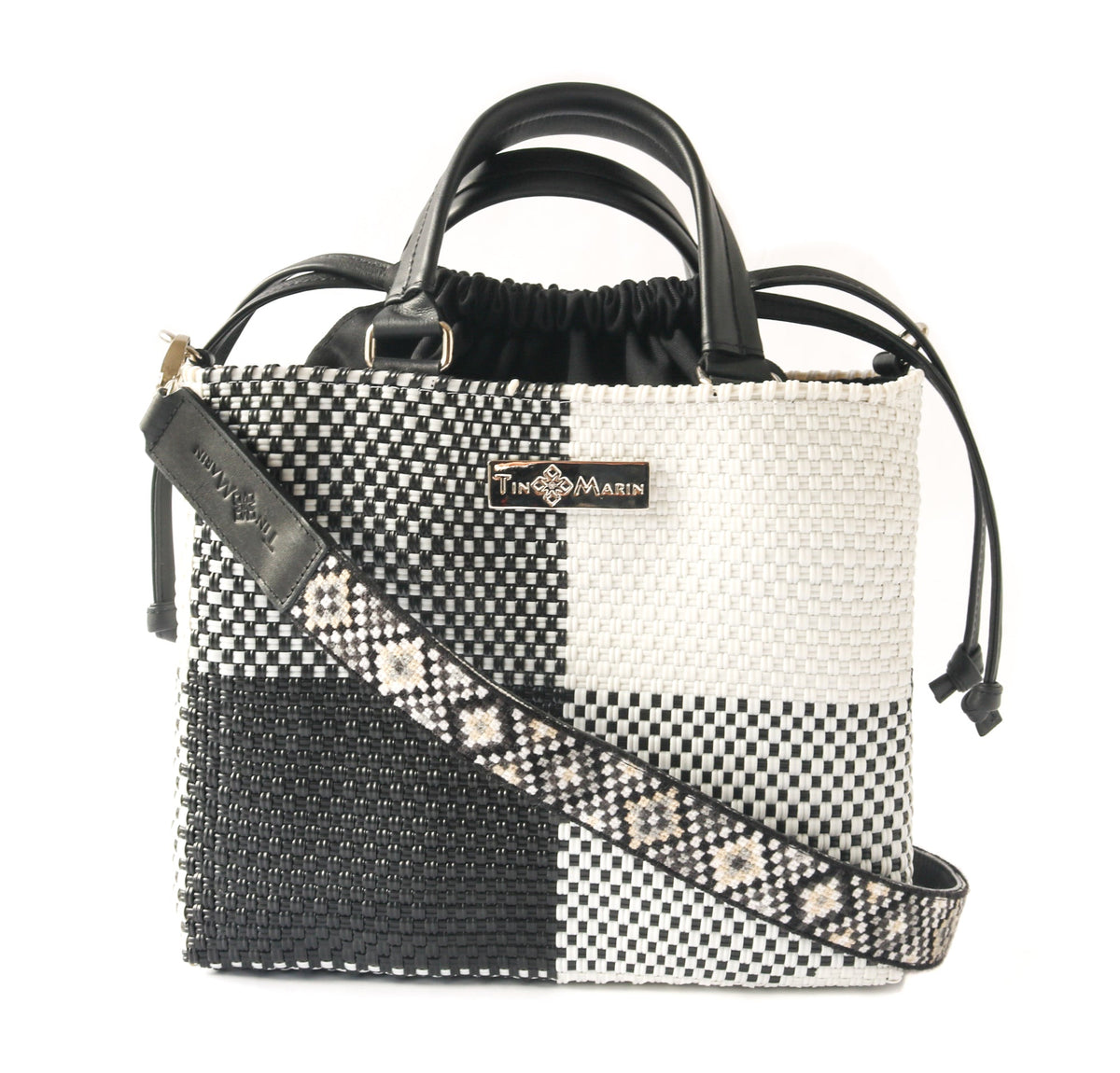 Mai Woven Bag Strap - Black & White with Leather