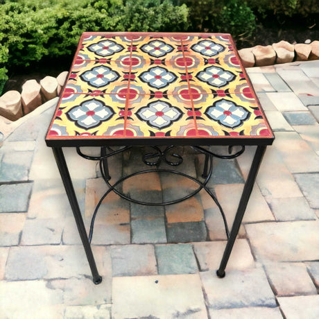 Mexican Accent End Table | Colorful Talavera Tile Design - hand-painted kiln-fired tile top on wrought iron base