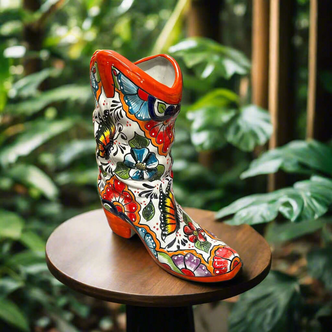 Colorful Boot Planter | Handcrafted Talavera Pot — hand-painted floral butterfly boot planter in red blue green yellow, kiln-fired lead-free glaze