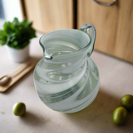 Mexican Hand-Blown Glass Pitcher | White Swirl — handcrafted lead-free glass pitcher with elegant white swirl design, made in Guanajuato, Mexico