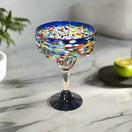 Mexican Hand-Blown Margarita Glass | Blue Confetti Rock Design - handcrafted colorful lead-free glass margarita cup from Guanajuato, Mexico