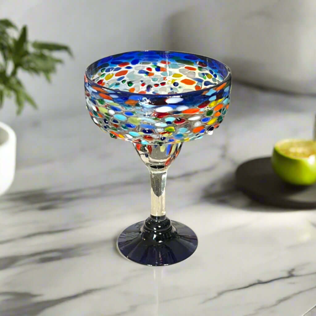 Mexican Hand-Blown Margarita Glass | Blue Confetti