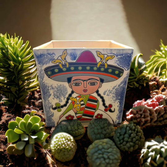 Hand-Painted Frida Kahlo Talavera Pot | Mexican Folk Art Planter - hand-painted square planter with colorful Frida design and succulents