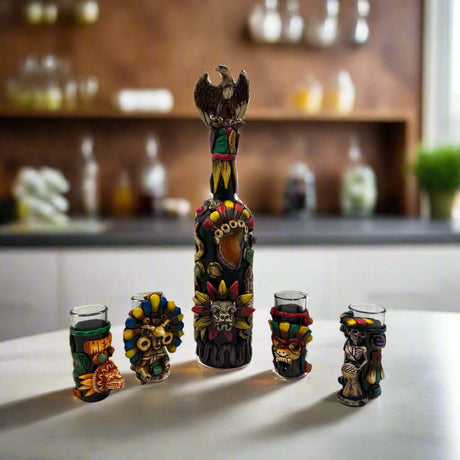 Aztec Warrior Tequila Set | Handmade Mexican Shot Glass & Decanter Set — handcrafted painted decanter and four sculpted shot glasses on countertop